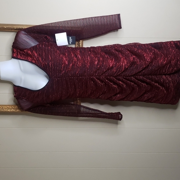 Guess Metallic V Neck Long Sheer Sleeve Ruched Knit Mini Dress - Picture 3 of 10